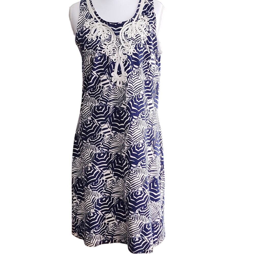 Lilly Pulitzer Navy White Shift Dress Sz Med Crochet Trim Sleeveless Resort